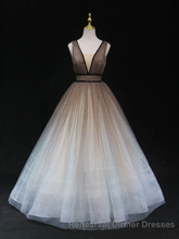 Glitter A-Line V Neck Tulle Long Semi Formal Prom Dress Tulle Long Semi Formal Prom Party Dress